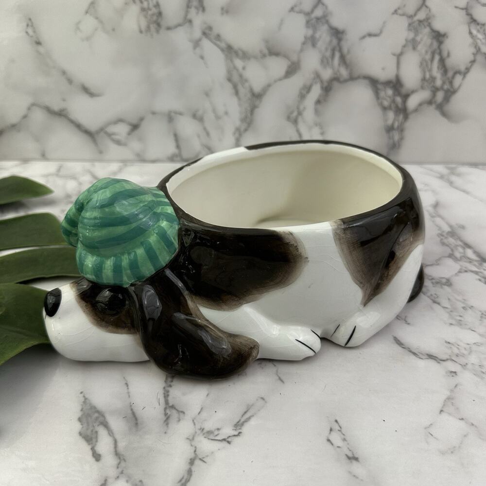 Pier 1 Vintage Y2k Sleeping Dog Dish Bowl Planter Ceramic White Brown Puppy